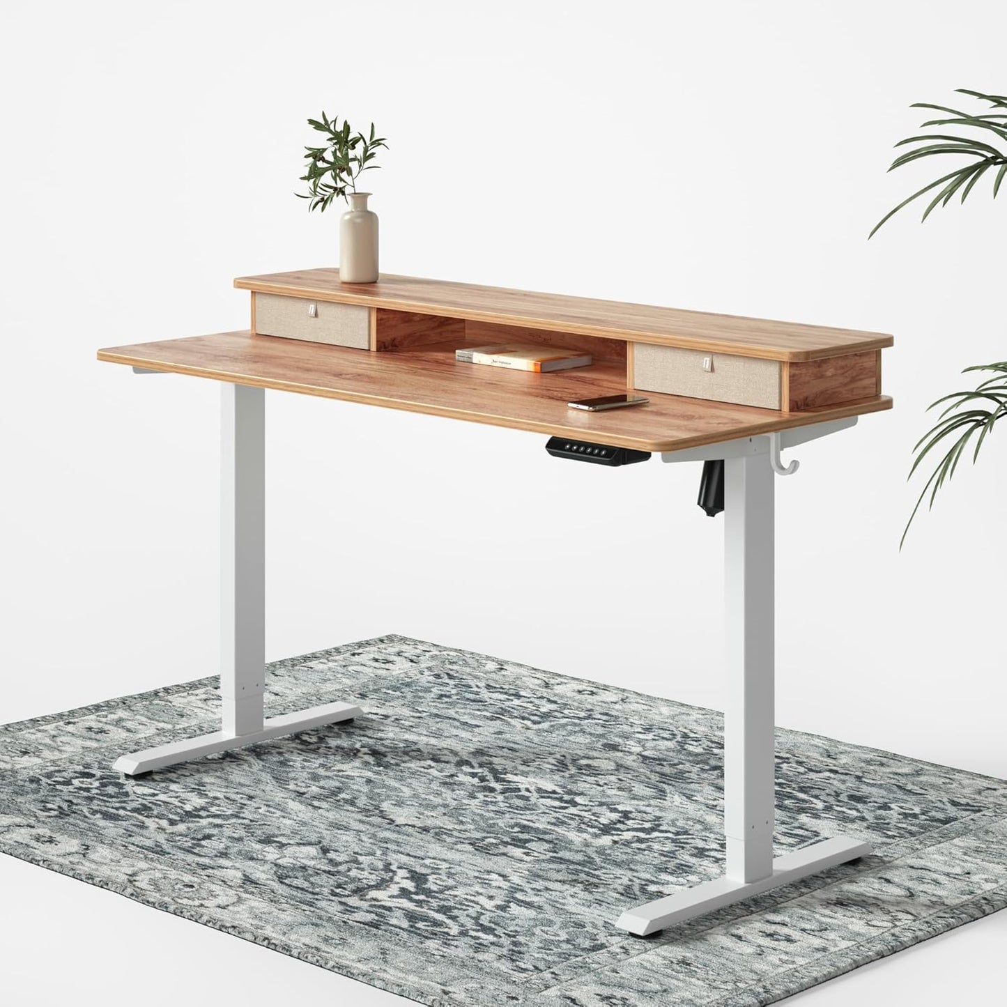 FEZIBO 48 x 24 Inch Whole-Piece Height Adjustable Standing Desk with Double Drawers, Sit Stand Desk, Stand Up Table (Send Two Packages), Light Rustic Top