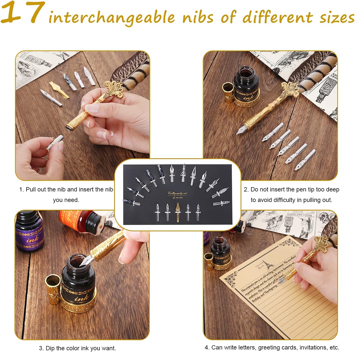 NC Quill Pen Ink Set,includes quill pen,wooden And glass dip pen,6 bottles ink,8 letter paper,1 envelope,17 Replaceable Nibs,1 bottle of fire lacquer wax,spoon,Seal Stamp,candle,pen holder, Cup.