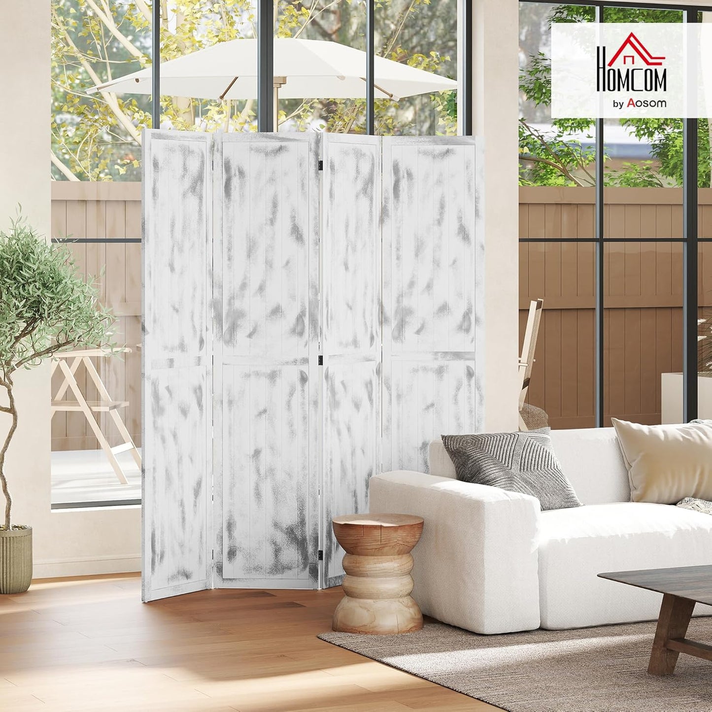 HOMCOM 5.5' Tall 4-Panel Room Divider and Folding Privacy Screen, Woodgrain Freestanding Privacy Divider, Partition Wall, Rustic White