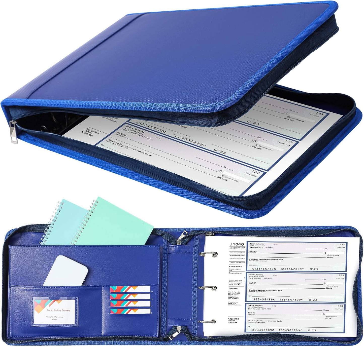 Henoyso 3 Rings Fireproof Business Check Binder with Zipper 1.5 Inch D Rings 3 on a Page Fit 3 & 9 Holes Check 600 Sheets Capacity Organizer Binder for Office Storage End Stub Deskbook (Dark Blue)
