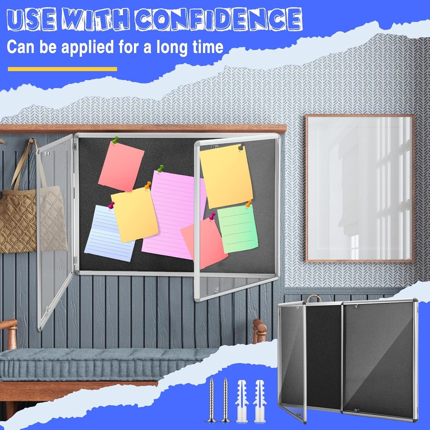 Enclosed Bulletin Board 48" x 36" Weather Resistant Lockable Notice Cork Display Board Wall Mounted 2 Locking Door for School Classroom Commercial Back to School, 12 x A4(Black, Silver Frame)