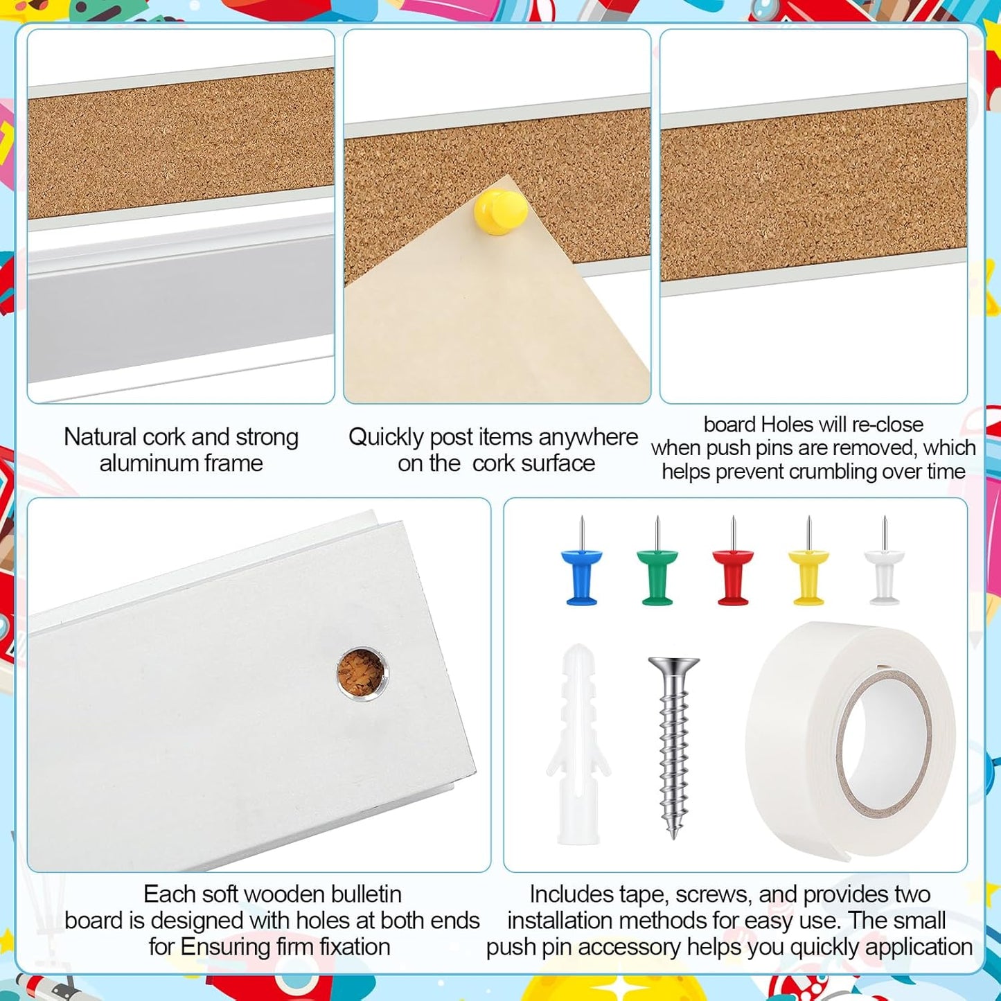 2 Pcs 72'' x 2'' Cork Board Strip for Wall - Bulletin Bar Tack Board With Aluminum Trim - Brown for Classroom Office Walls Cubicle