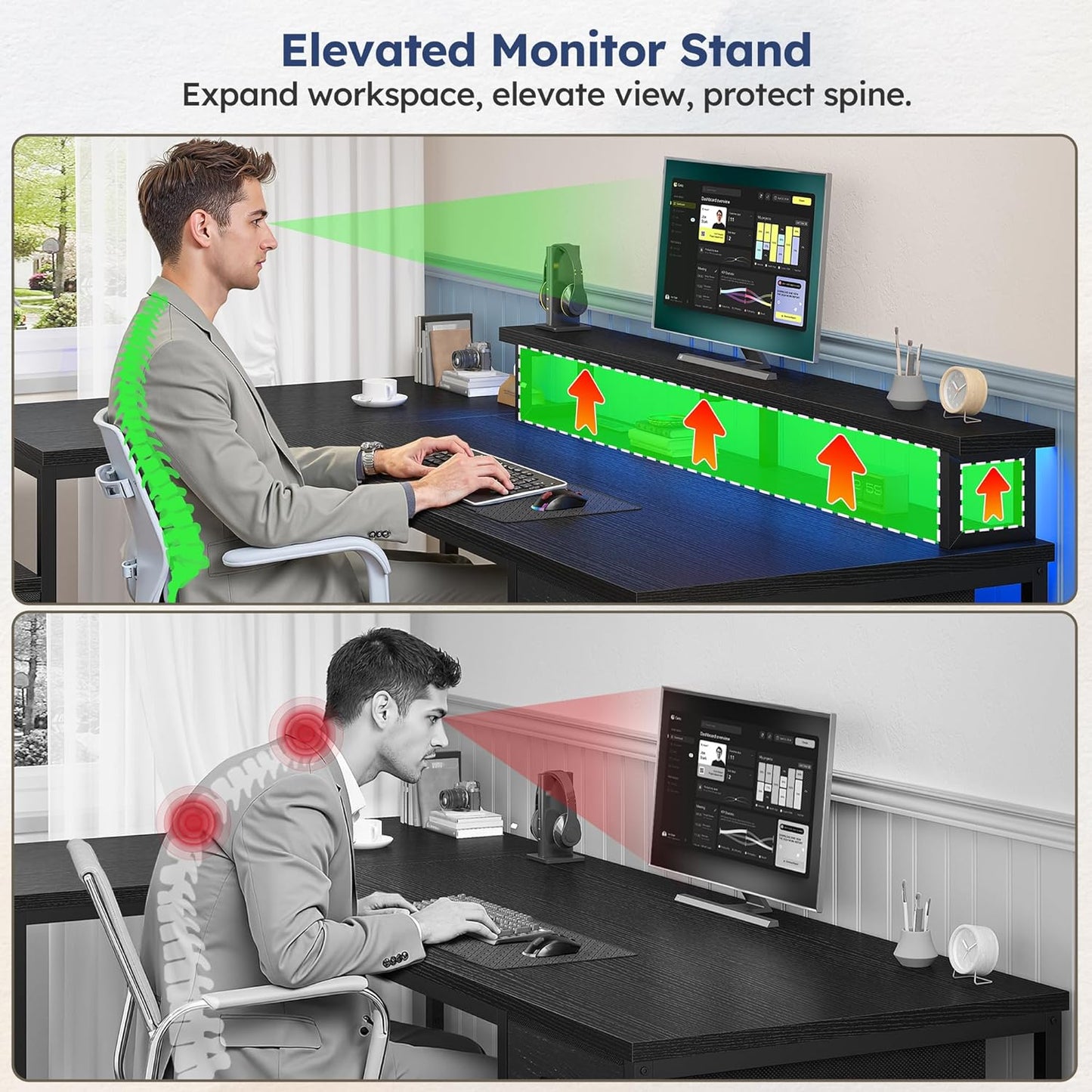 L Shaped Computer Desk with Drawers, Gaming Desk with LED Lights & Monitor Shelf, Office Desks with Power Outlets, Corner Desks for Home Office, Study Room and Bedroom, Black