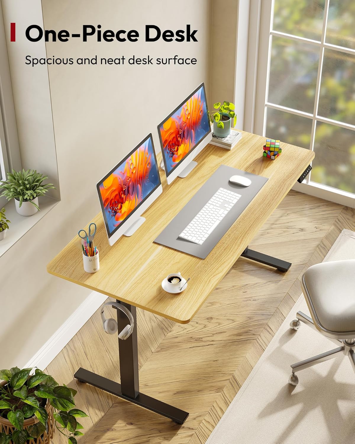 SANODESK Electric Standing Desk 55 x 28 Inches Whole-Piece Desktop Height Adjustable Stand Up Desk w/6-Button Controller Ergonomic Computer Desk for Home Office, Black Frame + Natural Tabletop