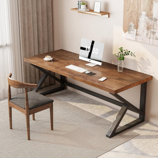 Solid Wood Computer Desk,Rustic Style 55-inch Large Office Desk- Modern Gaming Working for Home Office, Modern Simple Design, Ideal for Study, Writing, Dining