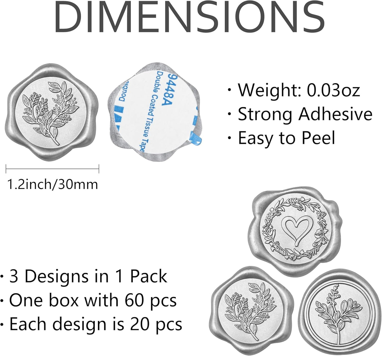 60 Pcs Silver Wax Seal Stickers Self-Adhesive Envelope Seals Stamp Stickers, Perfect for Wedding Invitations Seating Chart Christmas Gift Wrapping 3 Designs in 1 Pack