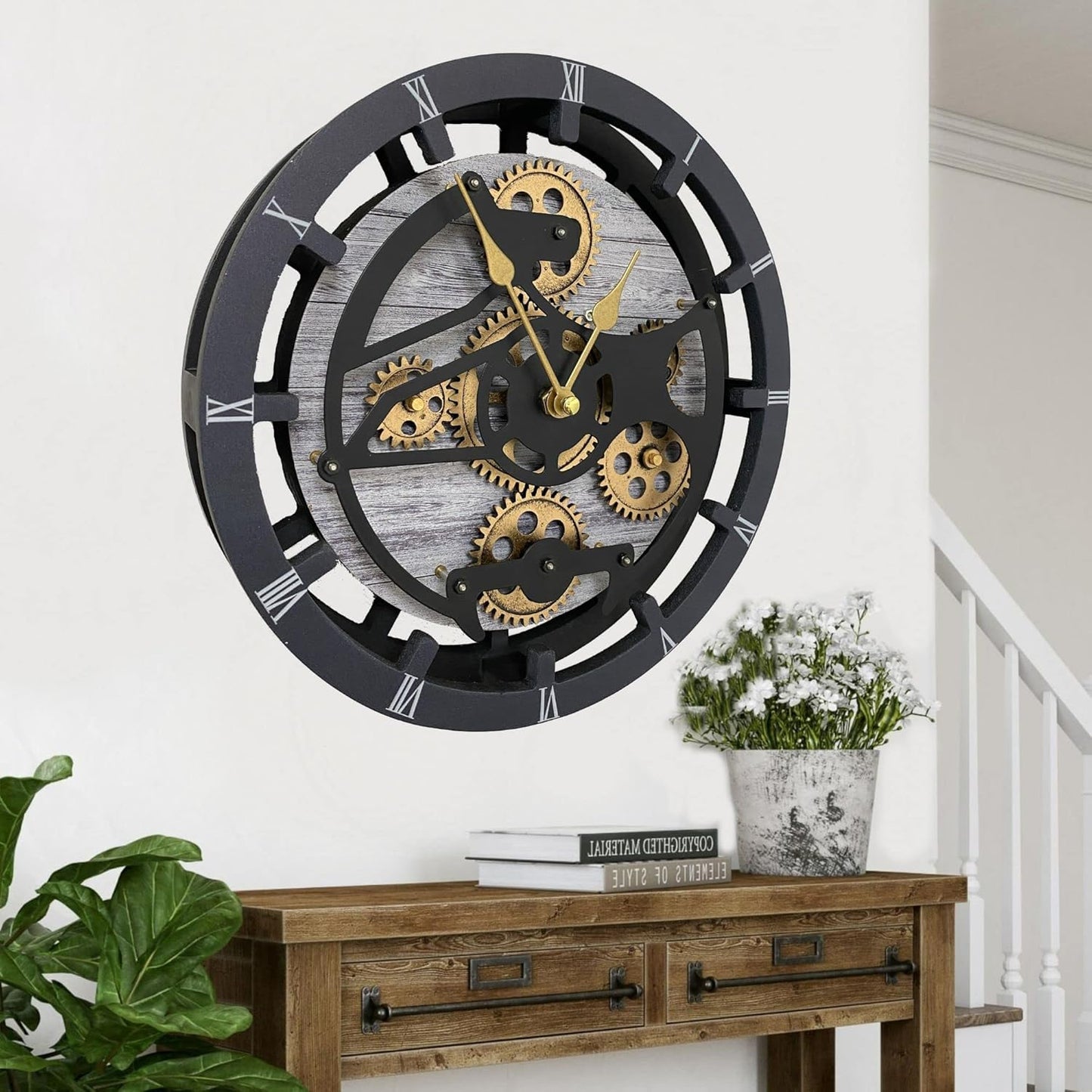 The Gears Clock 16 inches Wall Clock with Real Moving Gears Convertible into a Big Mantel Clock (Silver Grey)