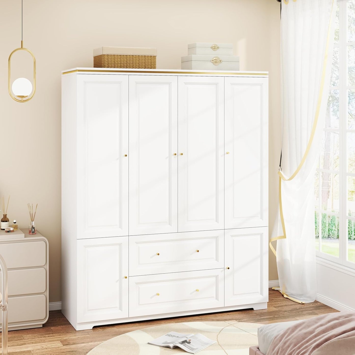 White Armoire Wardrobe Closet with Drawers: Wardrobe Closet for Hanging Clothes, Modern Bedroom Armoires with Hanging Rod, Wardrobes Closets with 4 Doors and Shelves (White, 59")