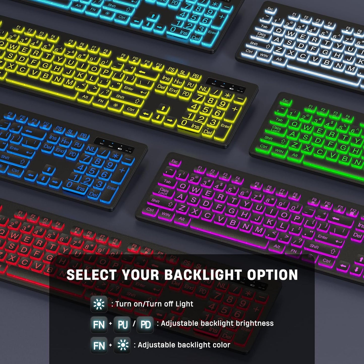 Large Print Wireless Keyboard and Mouse - 7 Colors Backlit Keyboard, Oversize Letters Keys Easy to See and Type, Rechargeable Keyboard and Mouse with Light Up Key, Compatible for PC, Windows, Gaming