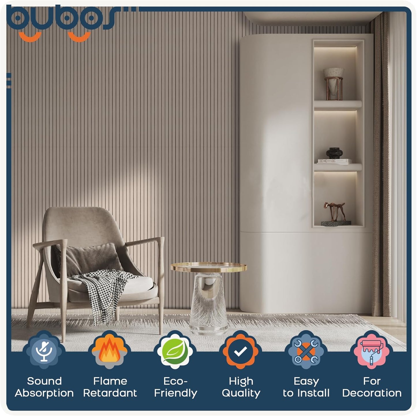 BUBOS 10 Pack Large Acoustic Panels, 48"X 12"X 0.4" Sound Proof Panels for Walls,Decorative Self-Adhesive Acoustical Wall Panels,3D Slat Sound Panels for Home Office Studio (Camel 01)