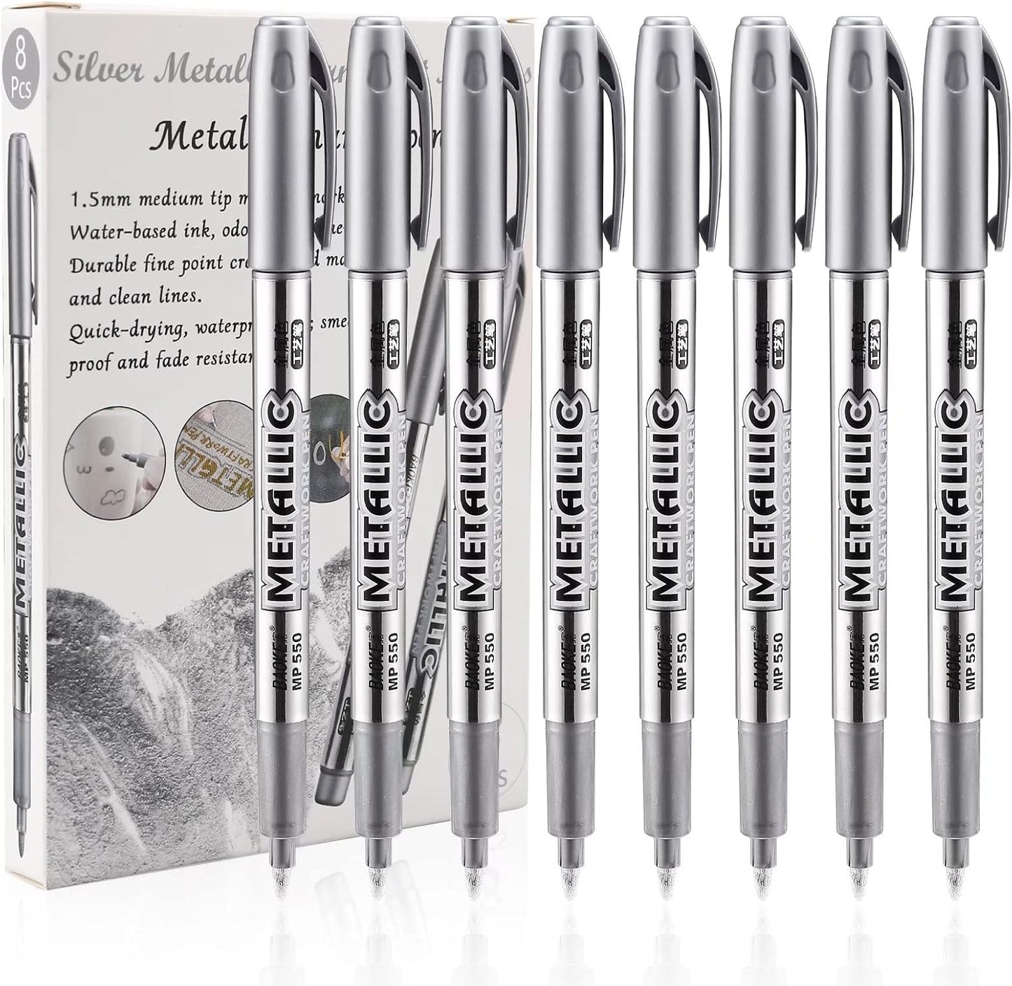 LOONENG Silver Permanent Marker, Fine Point, Acid Free, Non-Toxic Ink, Quick Drying, Ideal for Adult Coloring, Crafts, Gift Cards, Fabric, Photo Albums, 8 Count