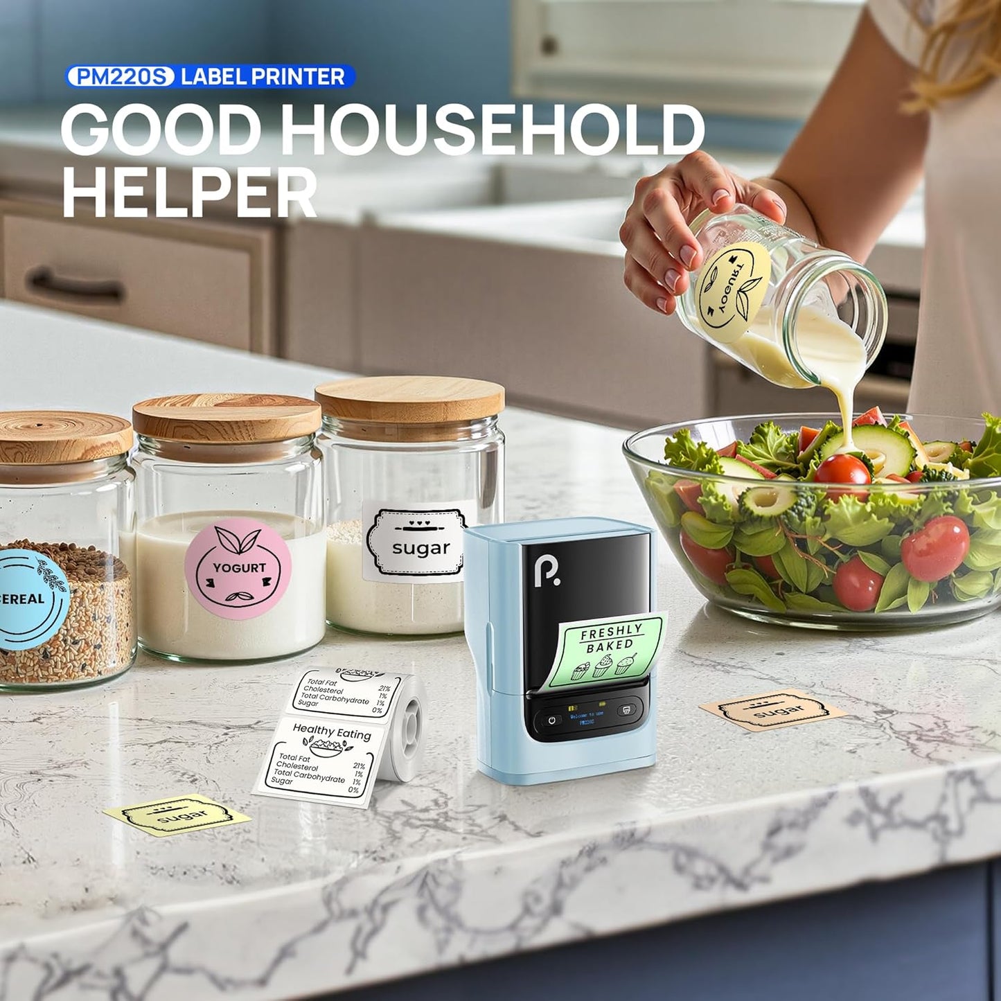 POLONO PM220S Label Maker Machine with Tape, 2 Inch Bluetooth Thermal Label Printer, Portable Sticker Printer for School, Office, Home, Business, Label Maker with 2'' x1.18'' Labels, Blue