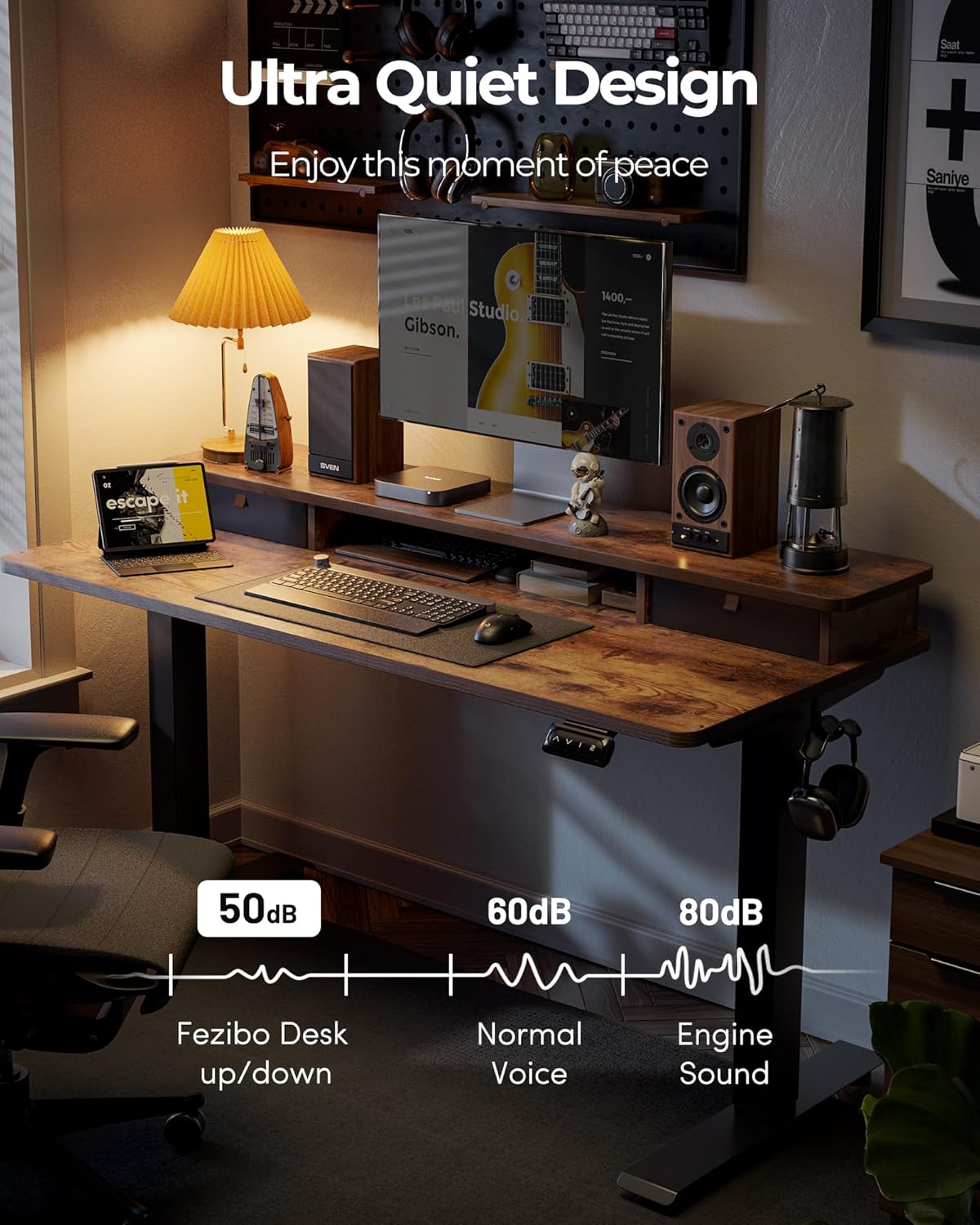 FEZIBO 60 x 24 Inch Height Adjustable Electric Standing Desk with Double Drawer, Computer Desk, Home Office Stand Up Table with 4 Height-Adjustable Feets & 2 Hooks, Rustic Brown