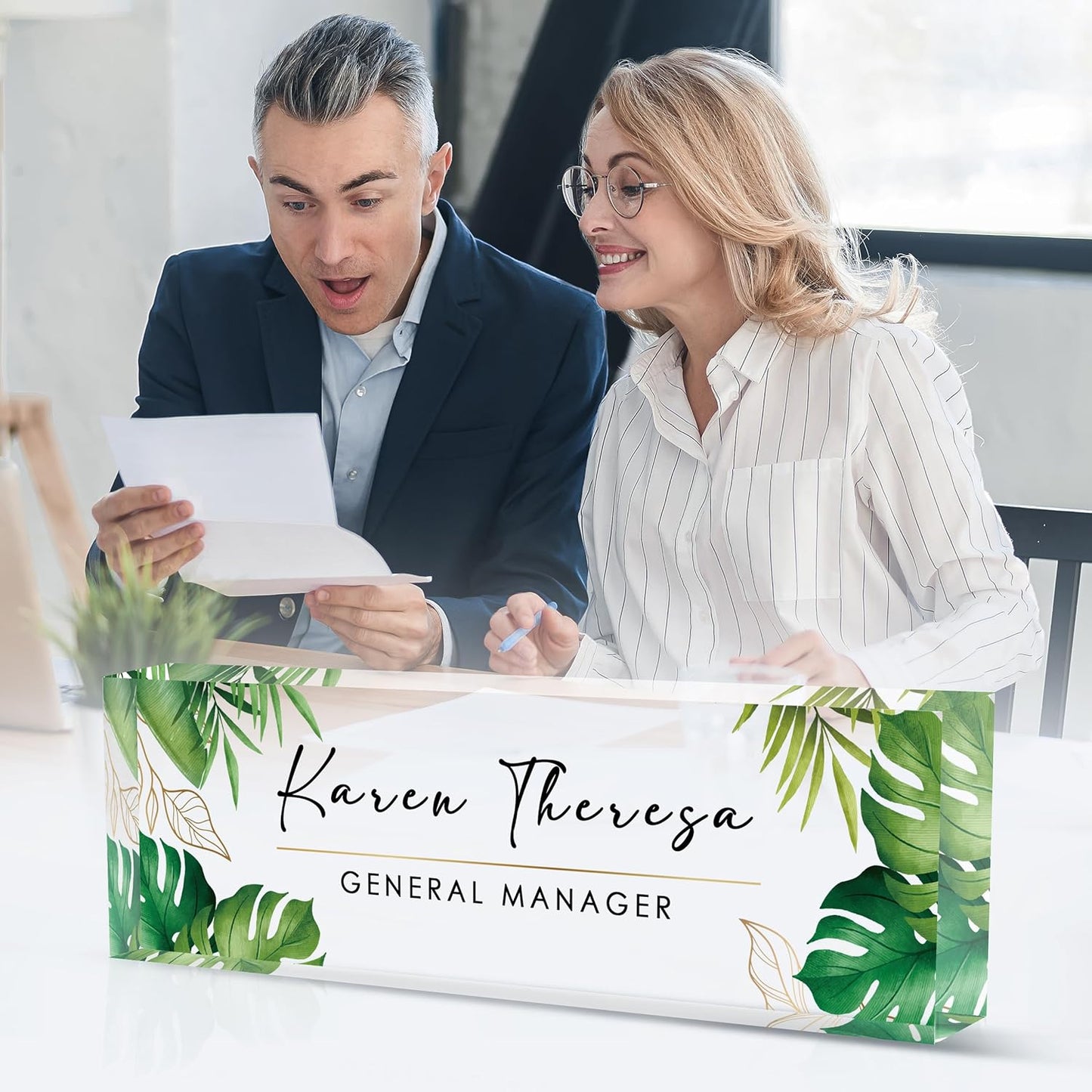 Custom Office Name Plate, Personalized Gifts for Women & Men, Appreciation Gifts for Employees, Office Desk Accessories (Green Plants)