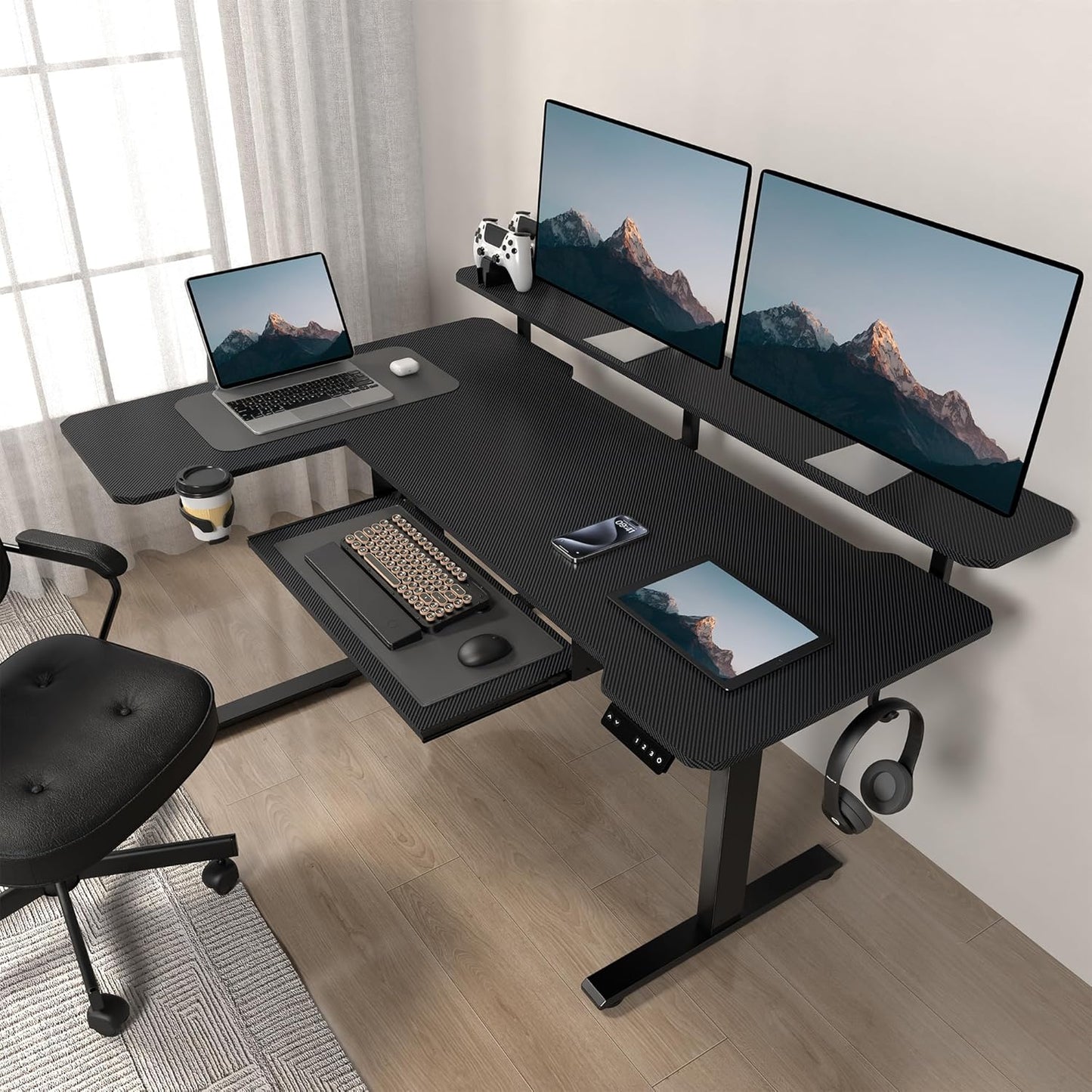 59 Inch L Shaped Standing Desk with Shelves and Keyboard, Electric Corner Standing Desk Adjustable Height, Sit Stand Computer Table with Reversiable Splice Board,Black Carbon Top