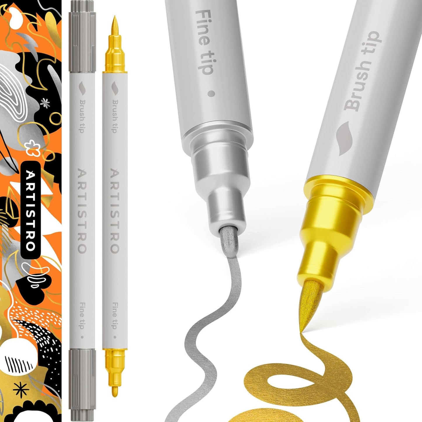 ARTISTRO 2 Silver&Gold Dual-Tip Acrylic Paint Pens - Multisurface Markers for Fabric, Plastic, & More, 1 mm Fine & Brush Tips