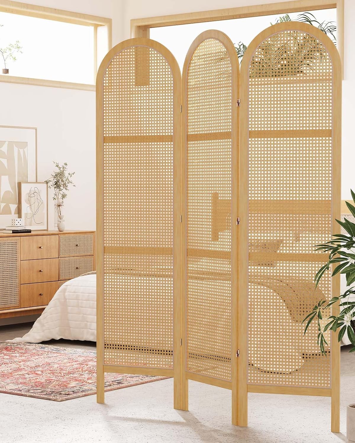 Room Dividers and Folding Privacy Screens, Pine Wood 5.6 Ft Double Hinged Rattan Partition Freestanding Wall Room Divider for Home - 3 Panels (Natural)
