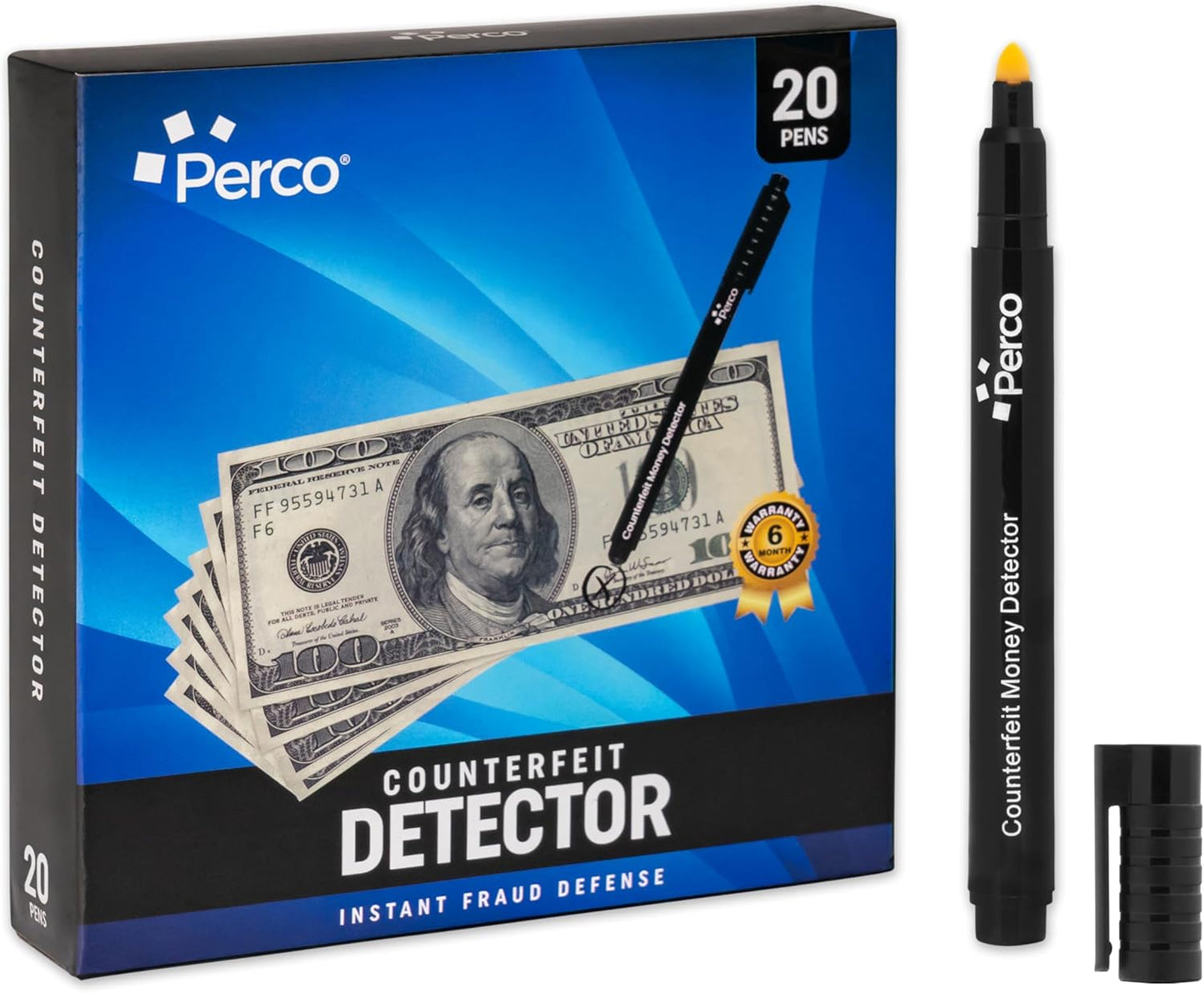 Perco Counterfeit Money Detector Pen (20 Pack) - Easy to Use and Reliable Universal Currency Fake Bill Checker for Personal & Commercial Use - Ensures Authenticity & Prevents Fraud