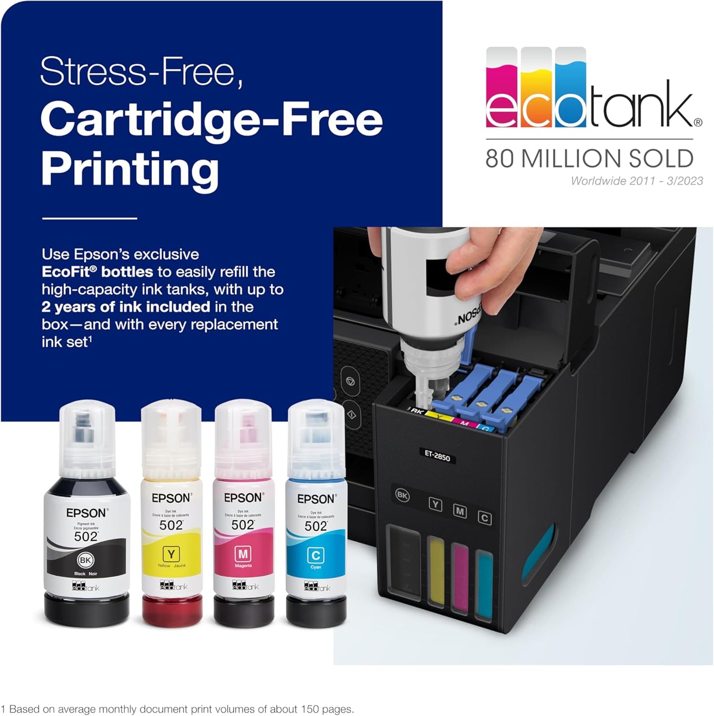 Epson EcoTank ET-2850 Wireless Color All-in-One Cartridge-Free Supertank Printer with Scan, Copy and Auto 2-Sided Printing - Black, Medium