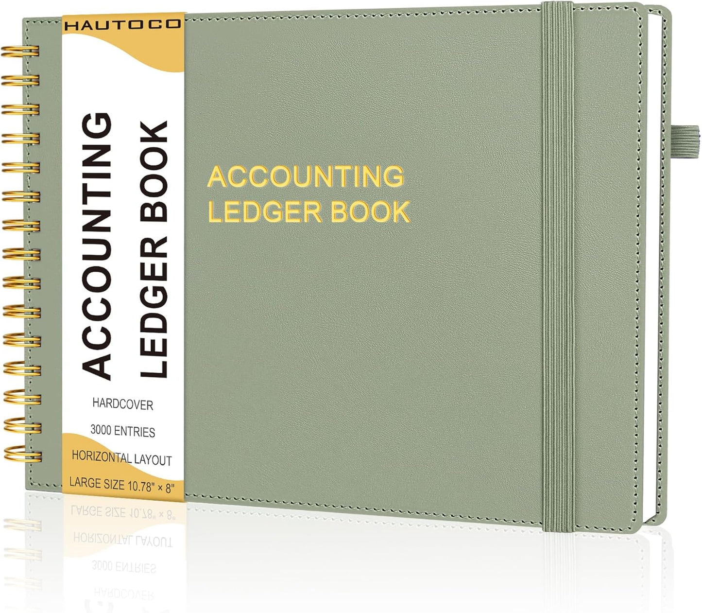 HAUTOCO Hardcover Accounting Ledger Book for Small Business Bookkeeping Horizontal Money Expense Tracker Notebook with 2 Storage Pouch, Personal Columnar Log Journal 10.78 x 8'', Olive Green