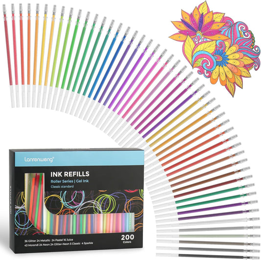 200 Colors Gel Pen Refills, Glitter Neon Gel Ink Pens Refills,Replace Cartridges for Gel Pens Set,9 Color Type for Kids Adult Coloring Books Drawing Doodling Crafts Scrapbooking Journaling,No Repeats