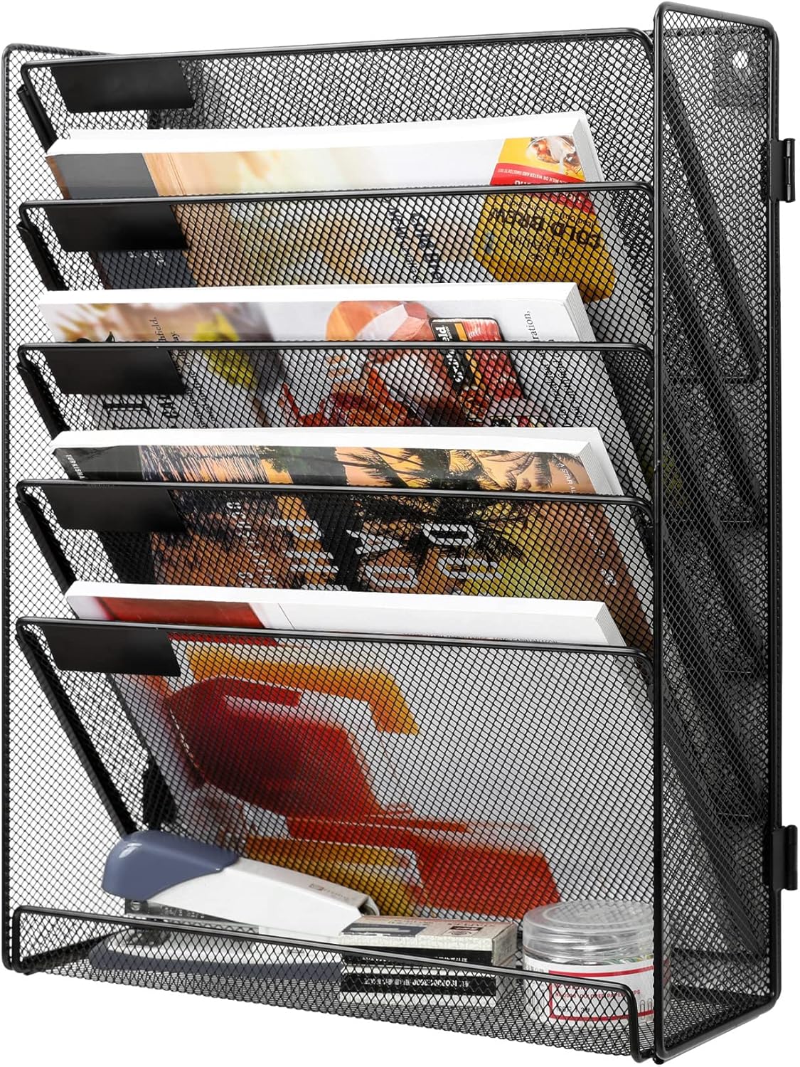 EasyPAG 6 Tier Wall File Holder with Flat Tray, Black | Easy Assemble Mesh Desk File Organizer | 5-Folder Paper Storage | Replaceable Classify Labels | Space Saving Mail Organizer for Office Home