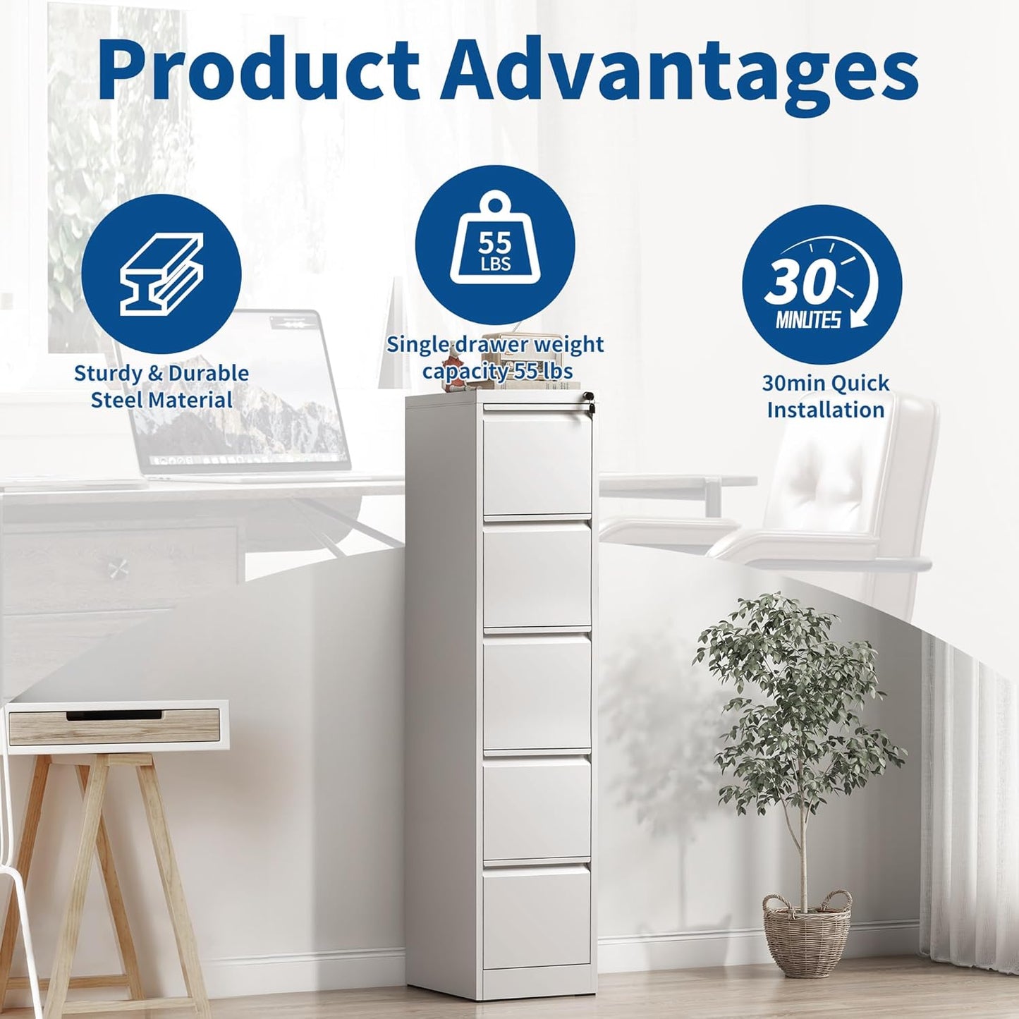 5-Drawer Locking Vertical File Cabinet, Metal Storage Cabinet for Office/Home – Secure Vertical Filing for Letter/Legal/A4/F4 Documents, Easy to Assemble Steel Cabinet (White, 5 Drawer-64 H)