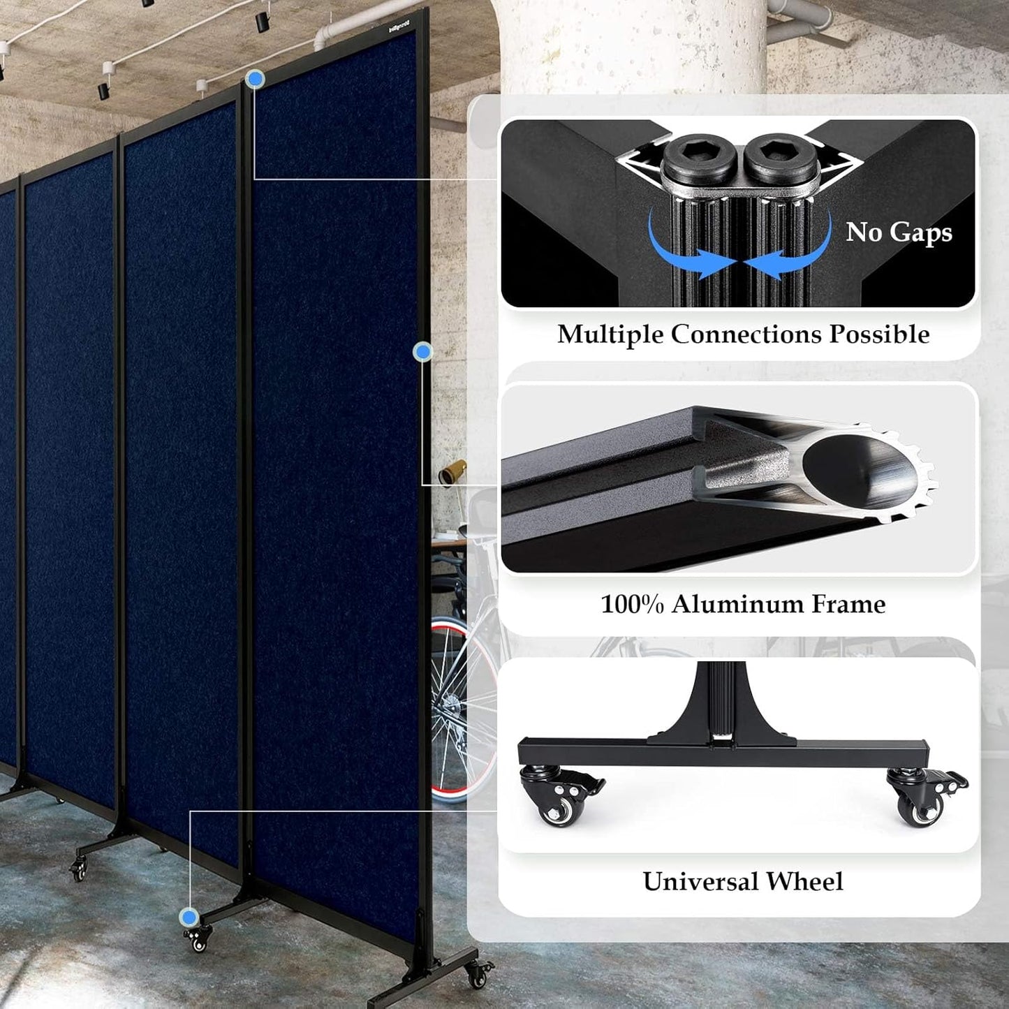 Upgrade Version Room Partition and Divider, Freestanding Rolling Dividers with Wheels,Office Privacy Screen Divider Wall,Classroom Felt Dividers,12'2"L* 6'7"H,6 Panel，Blue