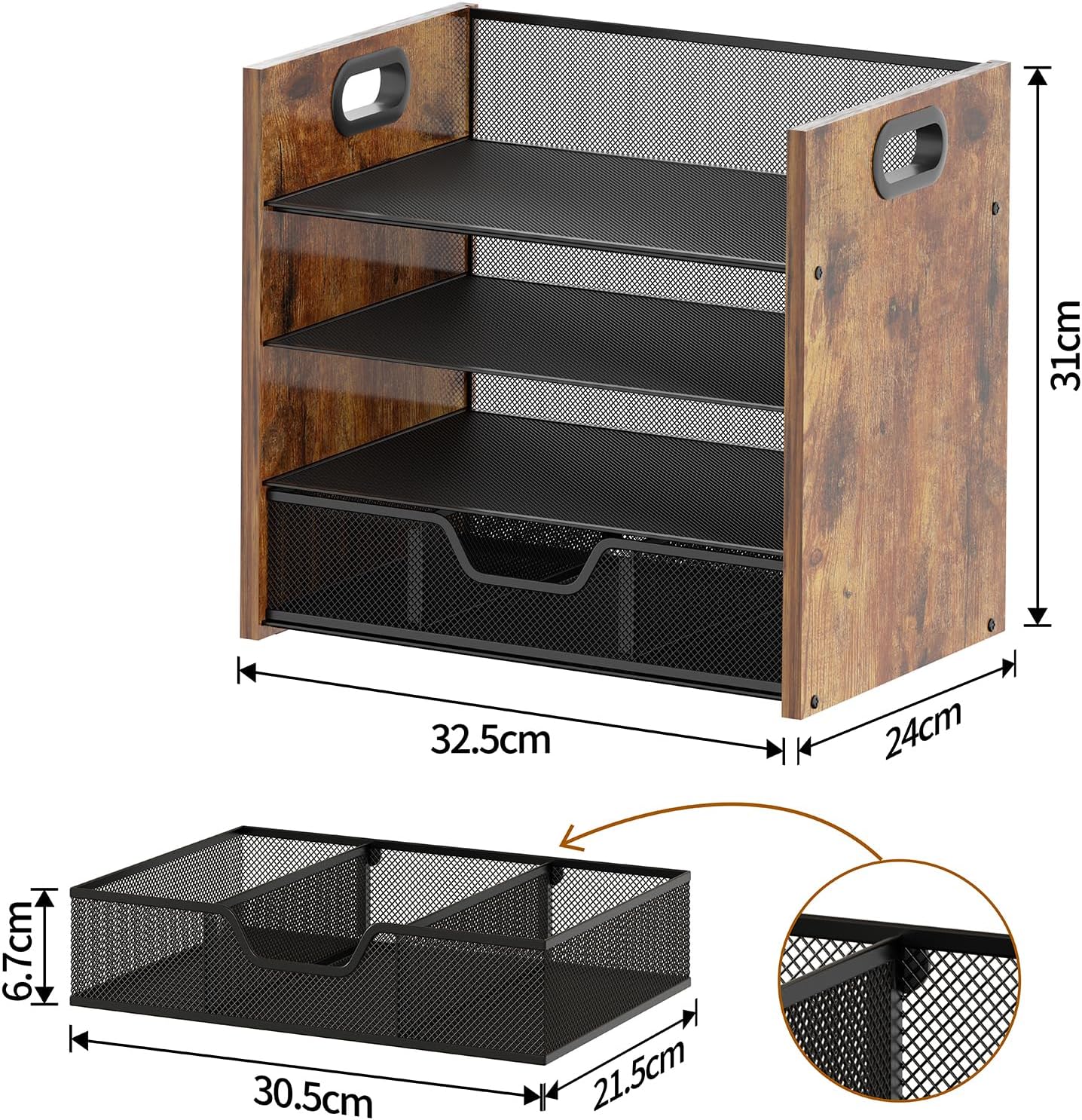 Wood Desk Organizer - 4-Tier Desktop File Organizer with Drawer, Wooden Paper Tray, Office Desk Organizer for Papers, Mail, Notebooks, Stationery