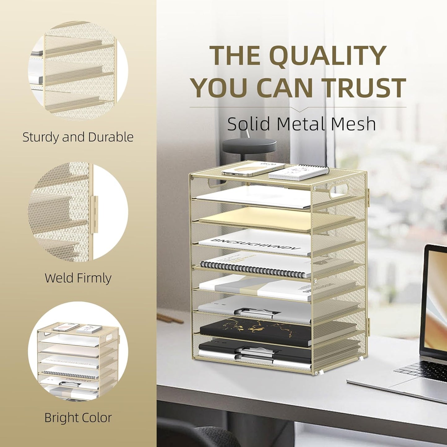 DALTACK 9-Tier Paper Letter Tray Desk Organizer with Handles, Mesh File Holder Organization, File Organizer for Desk Paper Sorter for Office Home School, Golden Yellow