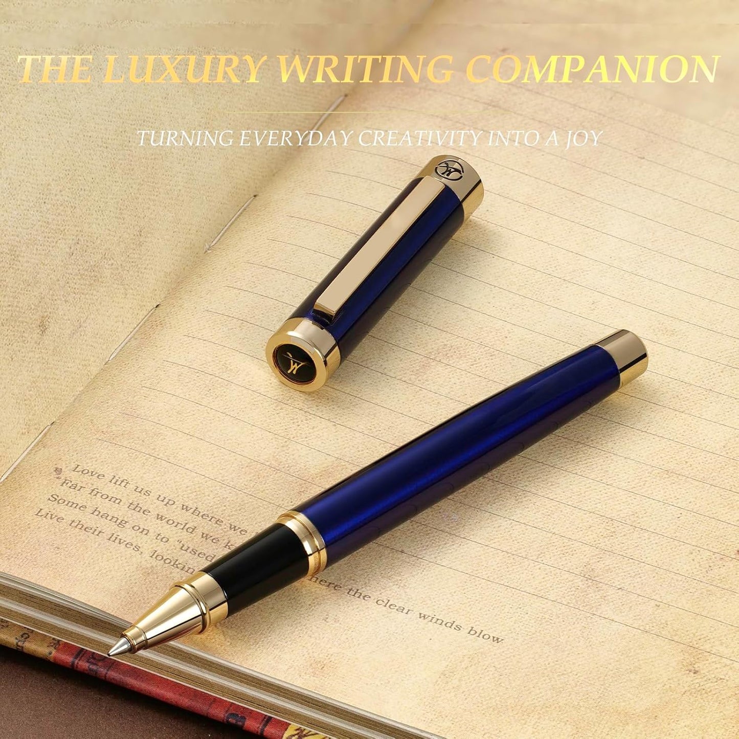 Luxury Rollerball Pen - Stunning Blue Lacquer Pen, 24K Gold Finish, Schmidt Black Refill, Best Pen Gift Set for Men & Women, Office, Professional, Executive, Office, Nice Fancy Designer Pens