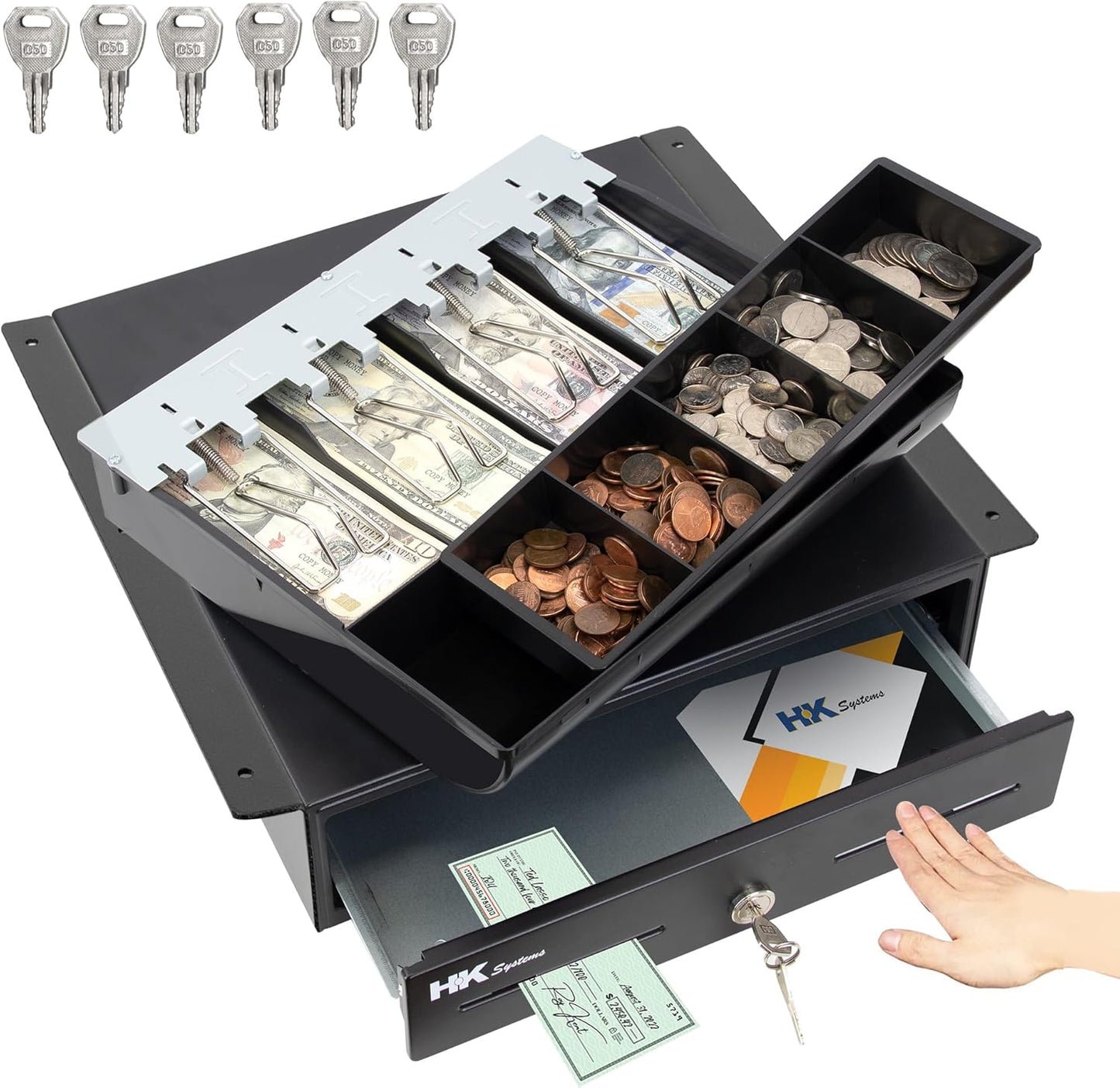 HK SYSTEMS 13" Heavy Duty Black "Push" Open Cash Drawer, 4B5C with Under Counter Mounting Metal bracket