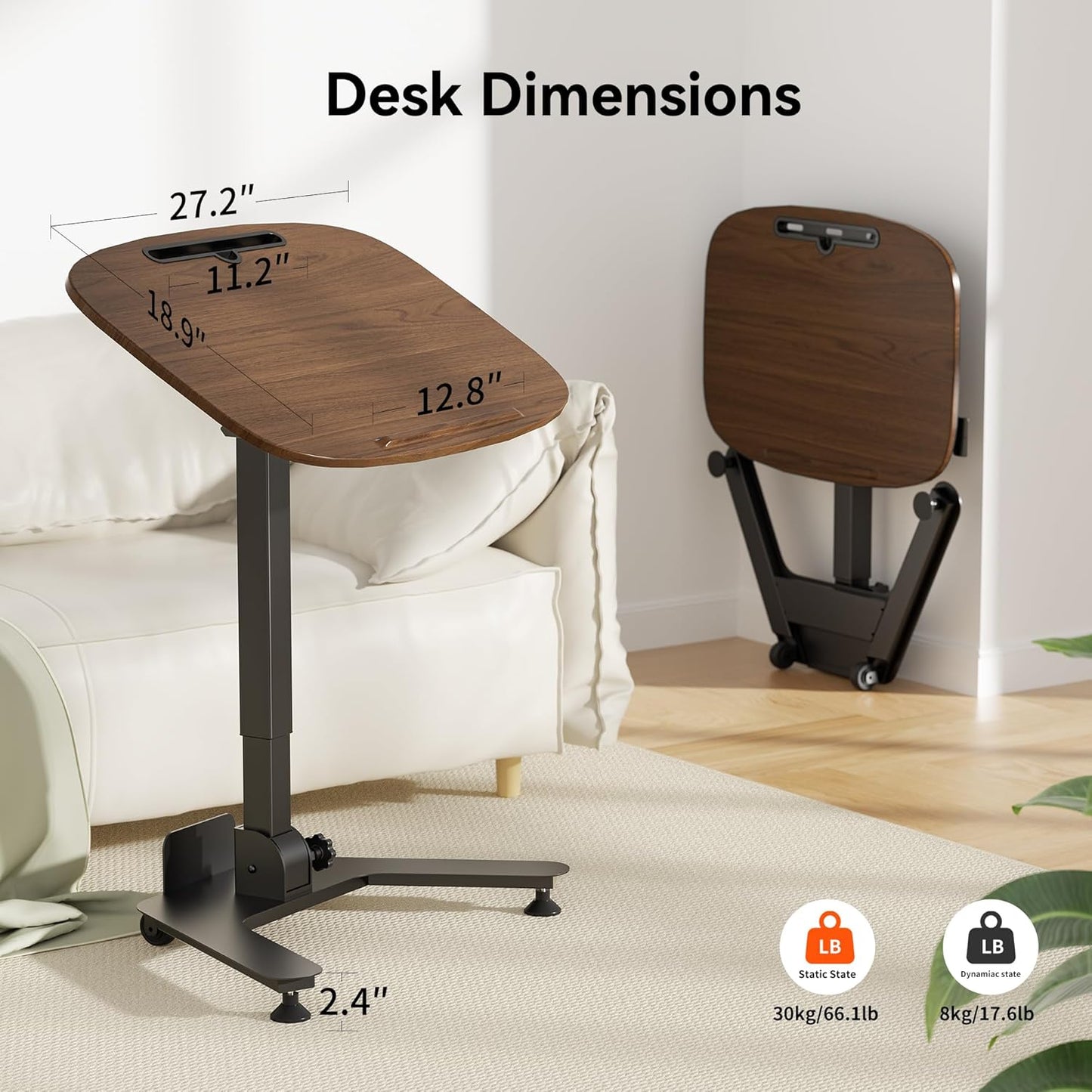 Folding Pneumatic Height Adjustable Mobile Standing Desk with 90° Tiltable Tabletop, 27.2x18.9 Inch Portable Laptop Desk with Wheels, Holds Up to 66.1lbs for Home Office, Black Walnut