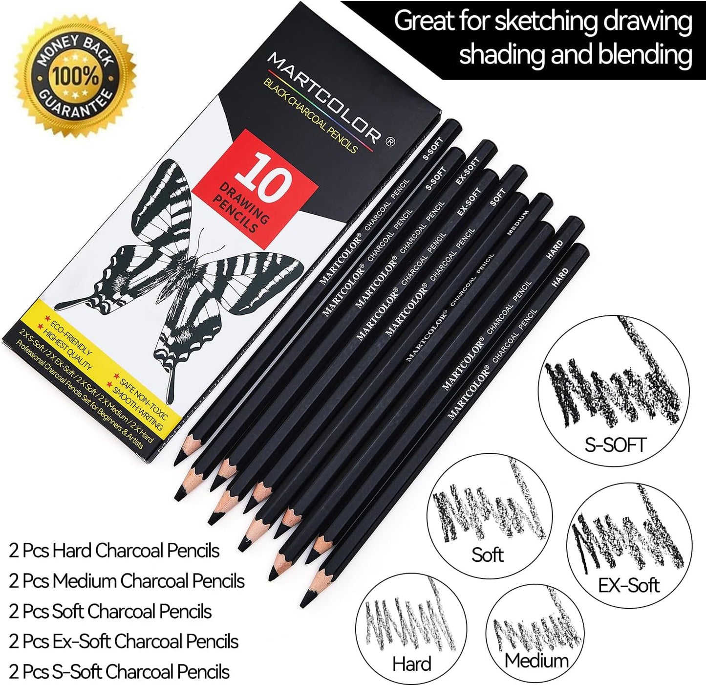 Charcoal Pencils for Drawing, 10 Pieces (S-Soft, Ex-Soft, Soft, Medium, & Hard) Black Charcoal Pencils for Sketching, Shading, Blending