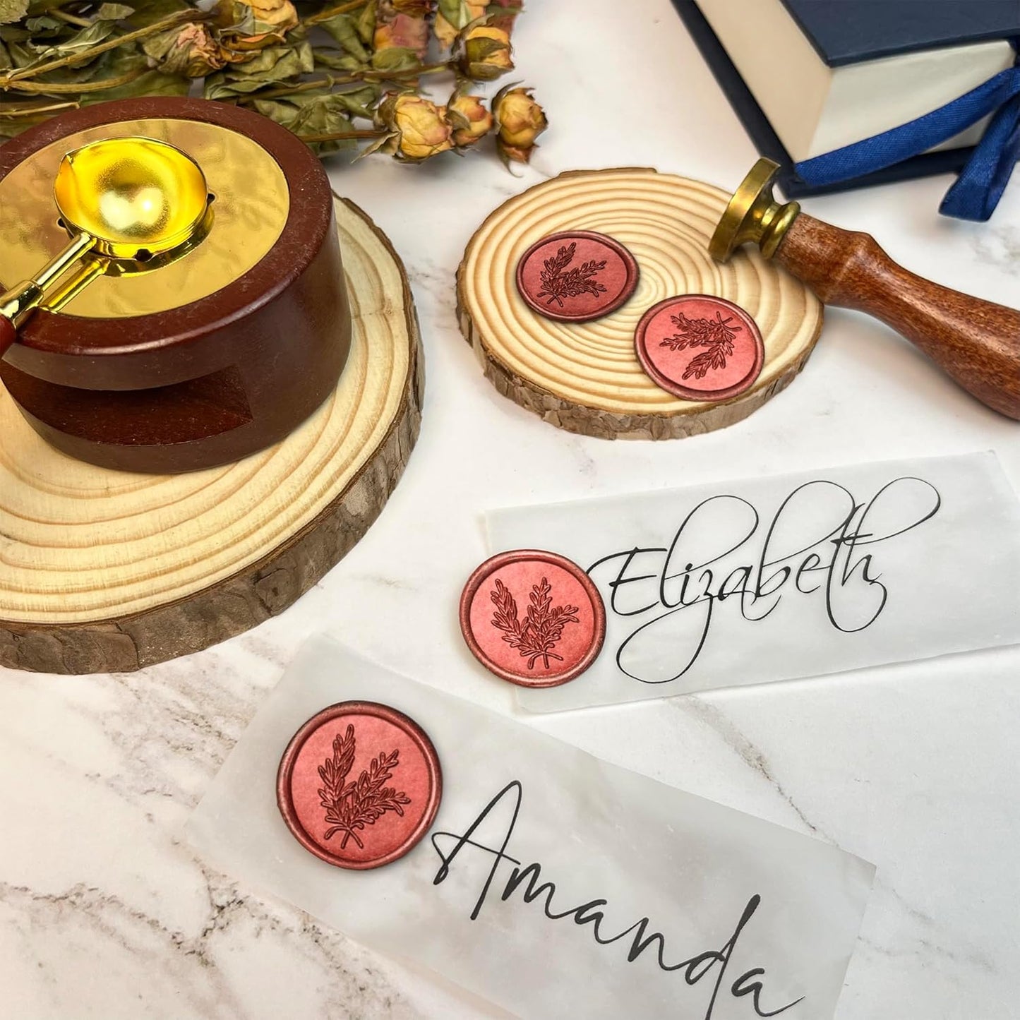 100Pcs Wax Seal Stickers Handmade Envelope Seals Self Adhesive Wax Stickers for Wedding Party Invitations, Envelope, Gift Wrap, Christmas(Rosemary Style, Red)