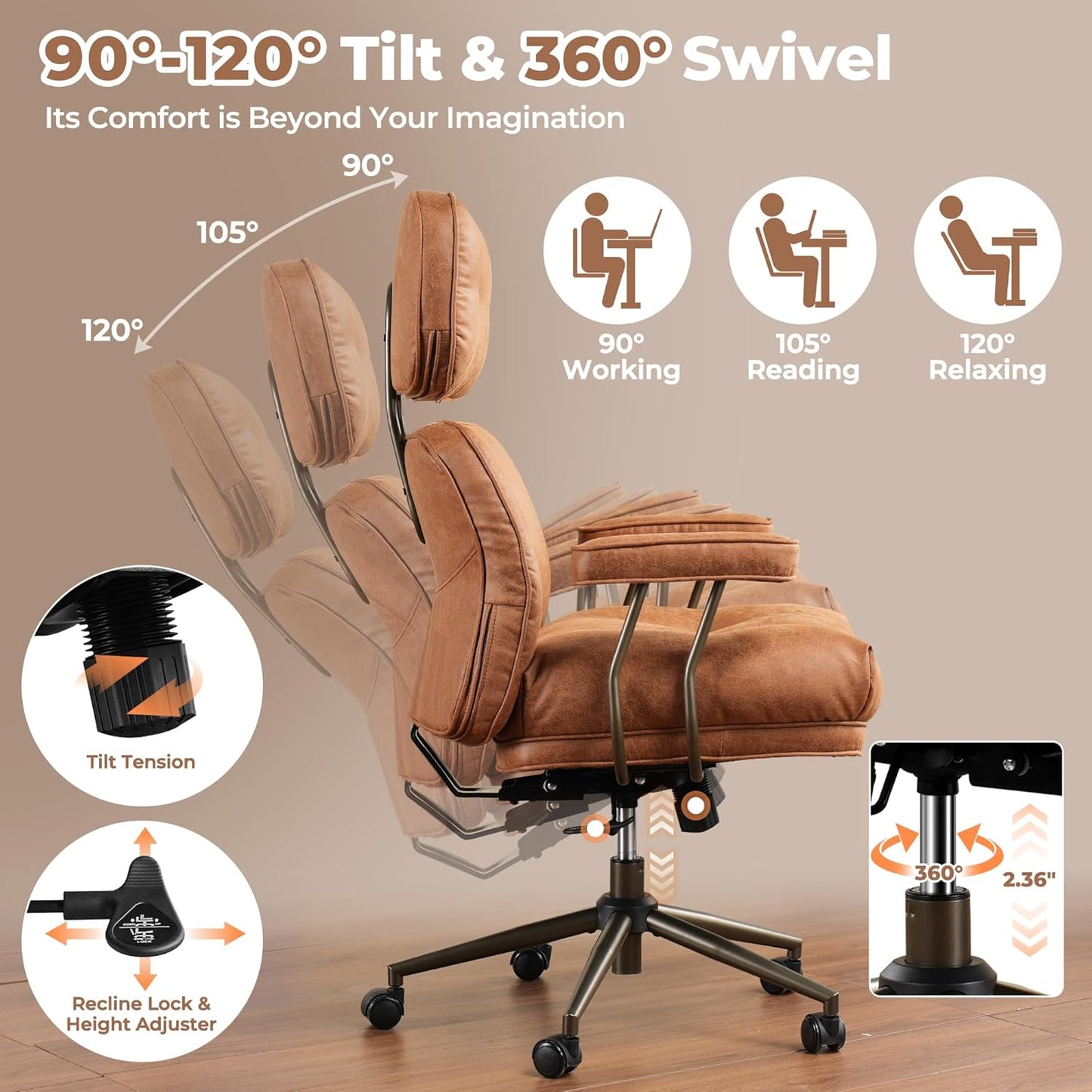 ovios Home Office Chair, Mid-Century Modern Faux PU Leather Chairs with Lumbar Support Comfy Thick Cushion, High Back Ergonomic Swivel Rolling Executive Armchair (Brown, Suede Leather)