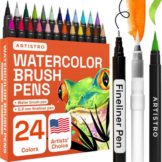 ARTISTRO 24 Watercolor Markers with Flexible Paint Brush Pens for Pros & Beginners - Consistent, Smooth, Bright, Washable, Non-Toxic, Ideal for Coloring, Calligraphy, & Manga