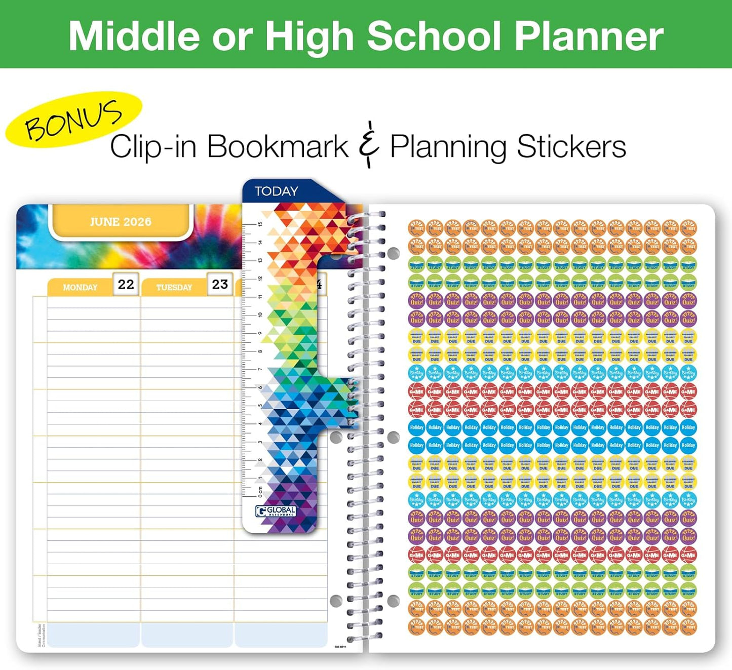 Global Datebooks Dated Middle School or High School Student Planner for Academic Year 2025-2026 Includes Ruler/Bookmark and Planning Stickers (Matrix Style - 8.5"x11" - Slant)
