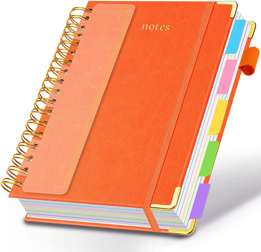 Hardcover Spiral Notebook 8"x10" Journal Notebook with Tabs and Removable Dividers 300 Pages 5 Subject Notebook College Ruled, Faux Leather Spiral Bound Notebook for Women, Students, School Work (Orange)