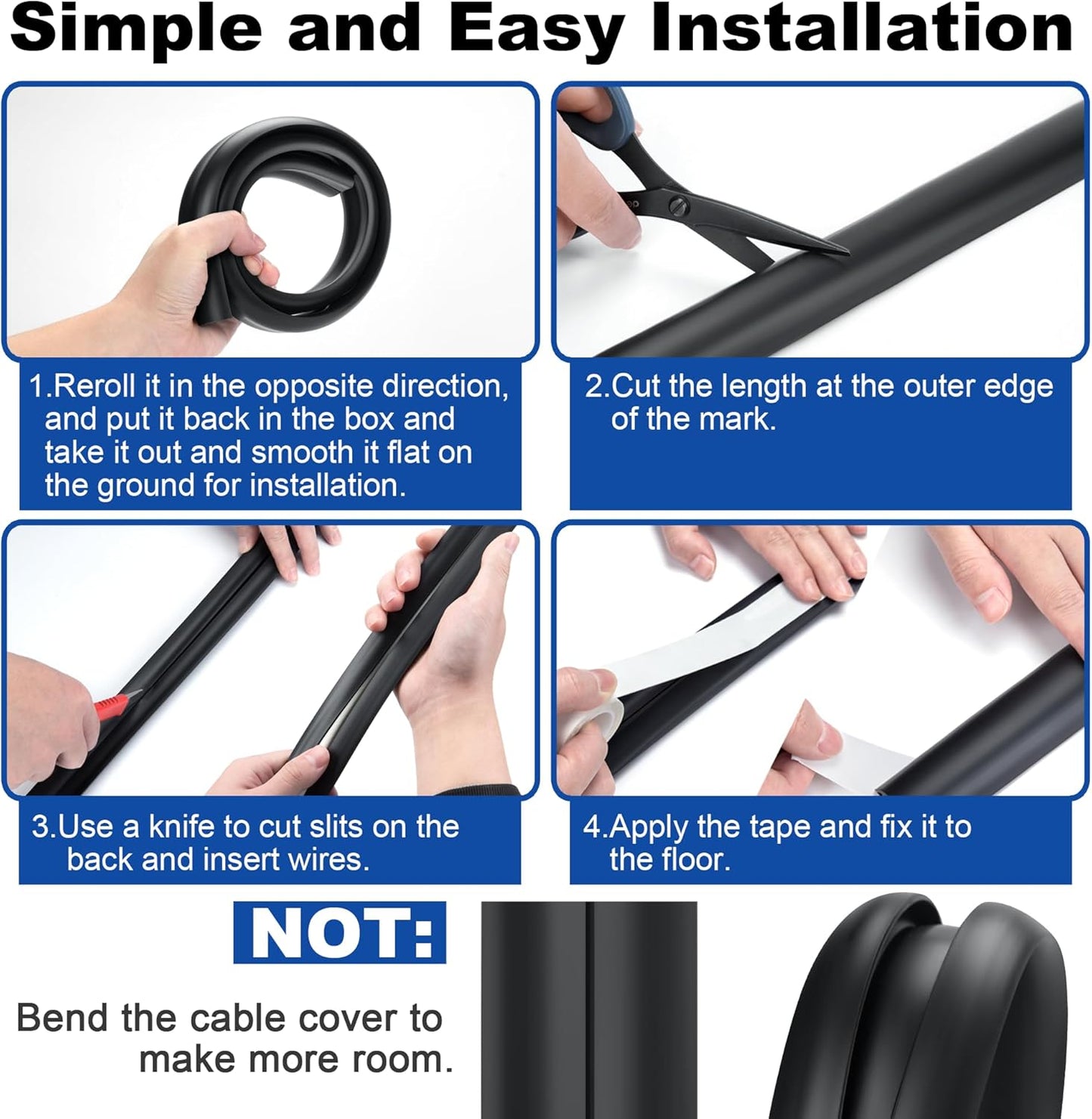 4ft Cord Hider Floor, Heavy Duty Cord Covers for Wires on Floor, Black Floor Cable Management, Hide Cord Cover Floor, Electrical Cable Hider Cord Protector Floor, Cable Cavity: 0.78" W x 0.32" H