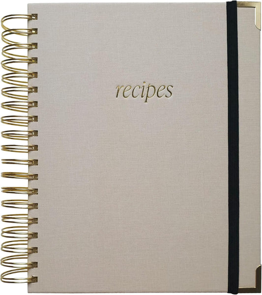 Sweet Water Decor Recipes Journal, Cute 8 Tabbed Cooking Notebook for Women, 40 Prompt Recipe Pages Per Section, Neutral Laminate Spiral Bound Diary with Gold Metal Corner Details