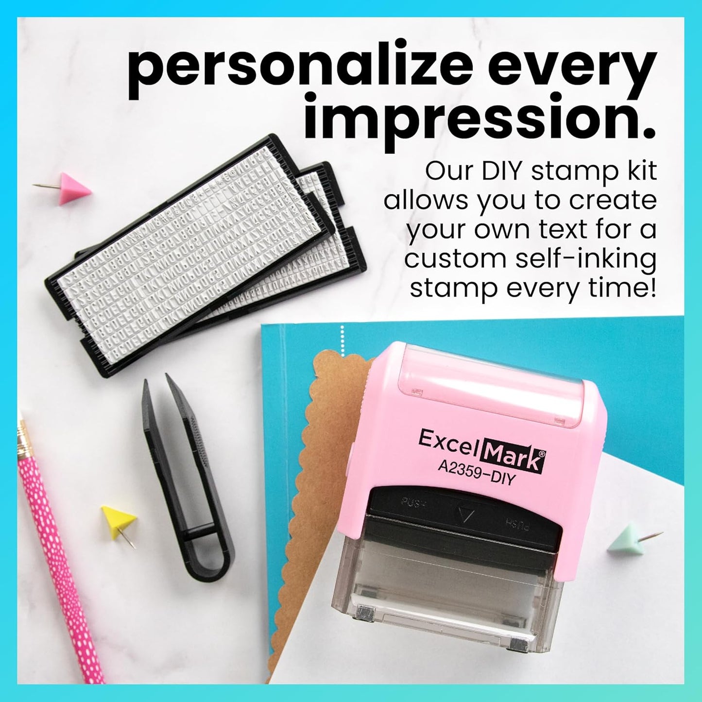 ExcelMark Self-Inking DIY Custom Rubber Stamp Kit - Personalized Stamper for Business or Home - Address Stamp, Message Stamp, and More (Pink)