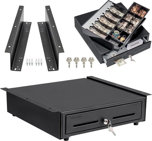 Volcora Cash Register Drawer with Under Counter Mounting Bracket - 16" Black Drawer for POS, 5 Bill 8 Coin Compartment, Fully Removable 2 Tier Cash Tray, 24V RJ11/RJ12 Key-Lock, Double Media Slot