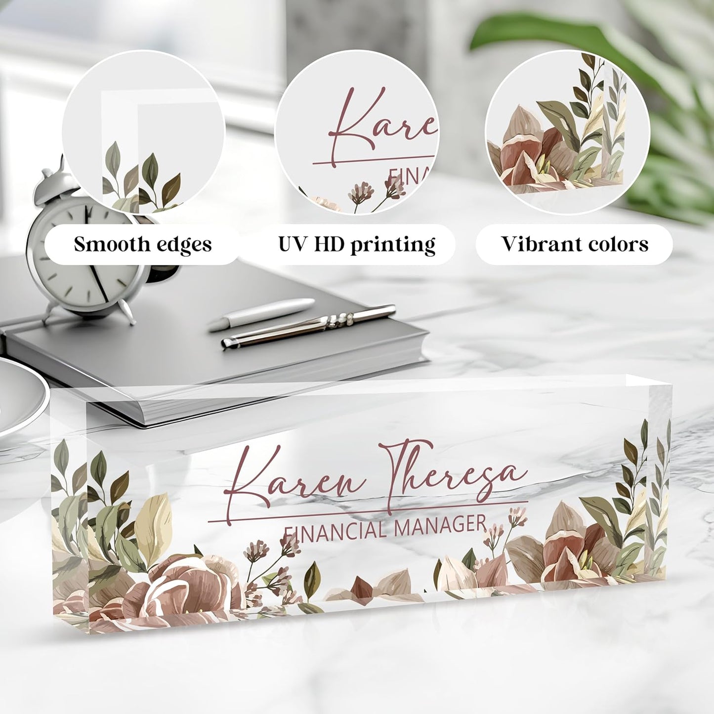 Custom Office Name Plate, Personalized Gifts for Women & Men, Appreciation Gifts for Employees, Office Desk Accessory (Tea Colored Flower)