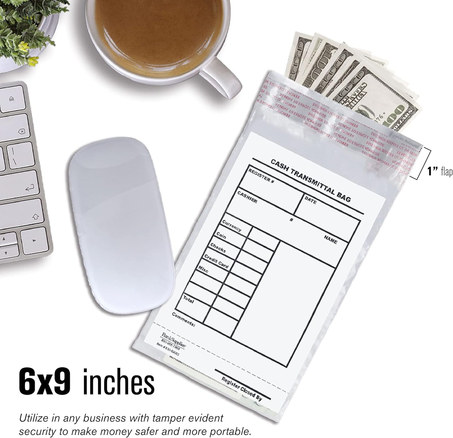 BankSupplies Cash Transmittal Bags Tamper-Evident 6W x 9H Case of 500 Clear Polyurethane with Side-Weld Seams for Currency, Coins, Checks, and Receipts