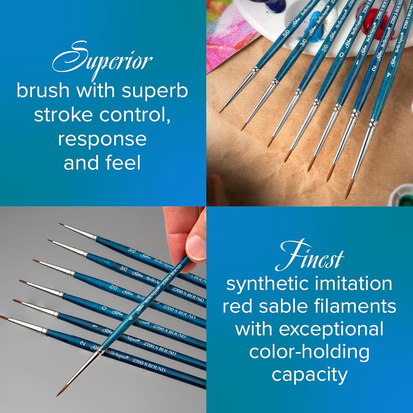 Silver Brush Limited BA-2753S BelleAqua Basic Round Watercolor Brush Set, 3pc Professional Short Handle Premium Round Painting Brush Set with Soft Synthetic Red Sable Bristles, Sizes 6, 8, and 10