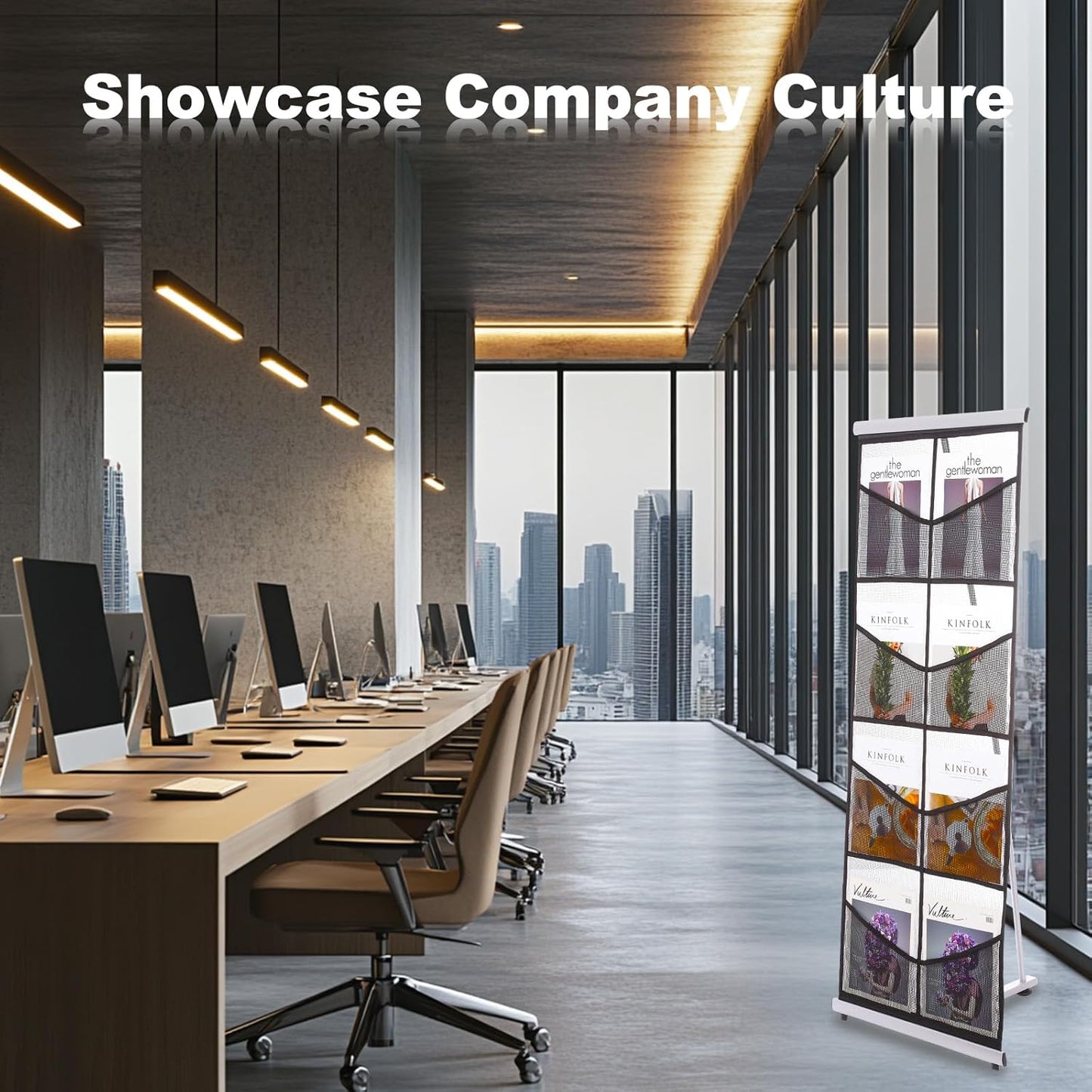 PATIKIL Portable Magazine Display Racks Floor Standing Double A4 8 Mesh Pockets Brochure Stand Catalog Literature Holder for Hotel, Exhibition, Office, Gray