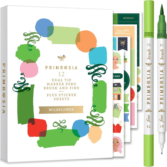 Primrosia 12 Dual Tip Watercolor Marker Pens - Fine Tip & Brush Tips, Professional Quality, 4 x Sticker Sheets, Blendable, Non-Toxic, Perfect for Calligraphy, Drawing & Coloring. (Wildflower)