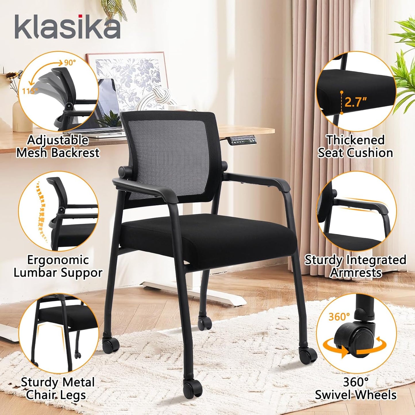 Waiting Room Chairs with Wheels, Adjustable Mesh Backrest, Desk Chair with Ergonomic Lumbar Support and Thickened Seats Cushion, 4 Pack Black