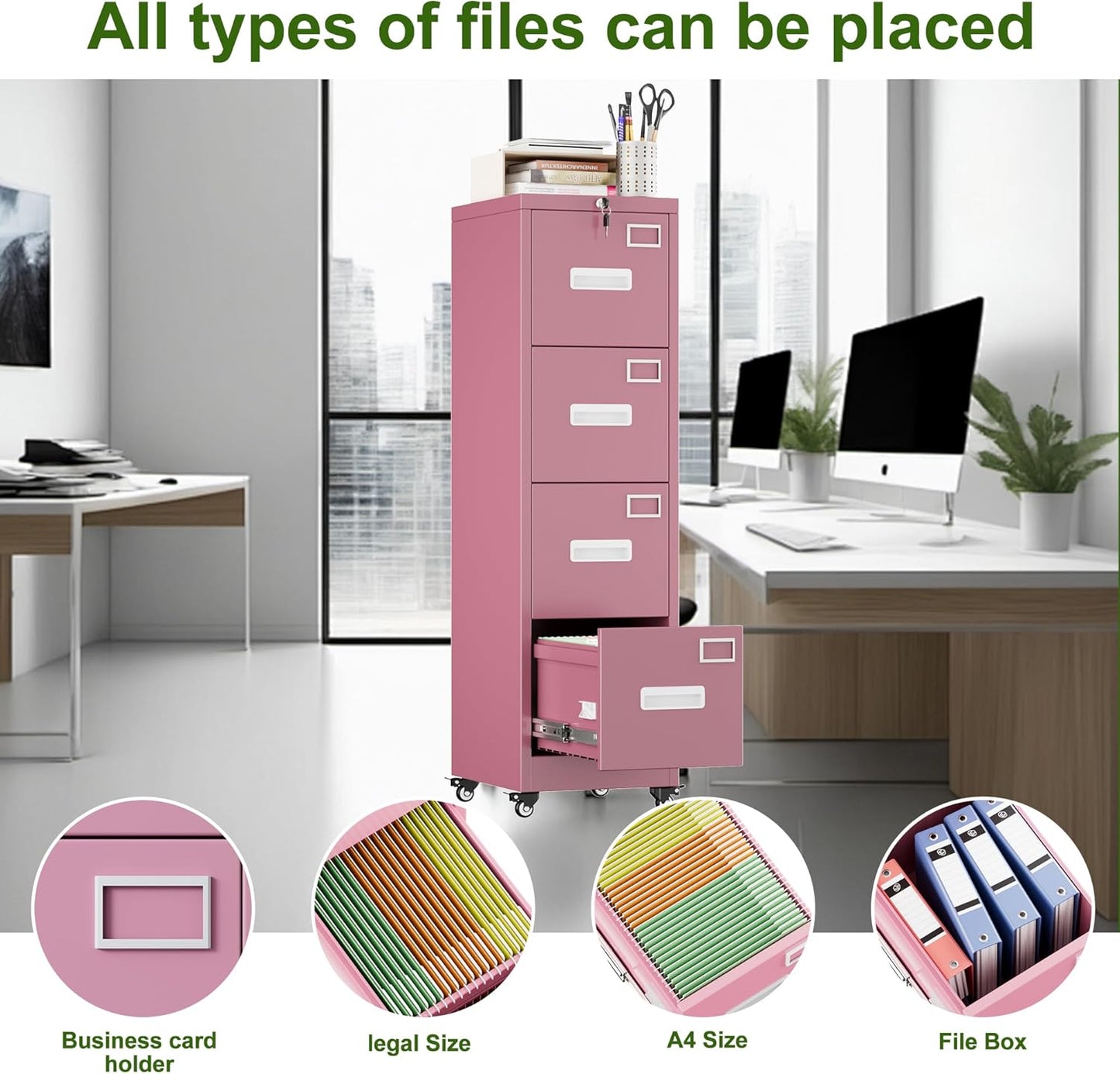 Aobabo File Cabinet 4 Drawer with Wheels, Lockable Office Metal Filing Cabinet with Name Card for Office and Home,Assembly Required,Pink